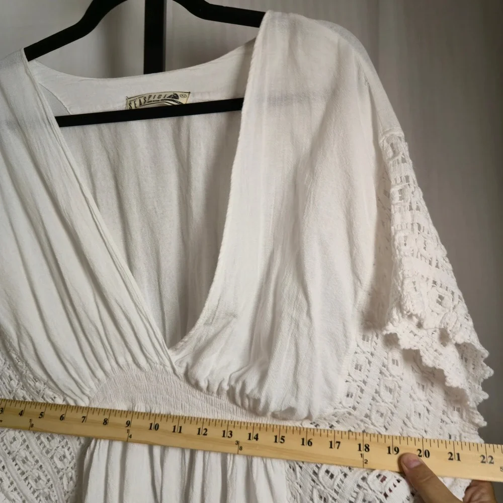 Seaspicea Resort Wear White Cotton Butterfly Crochet Trim Cover‎ Up Dress Medium